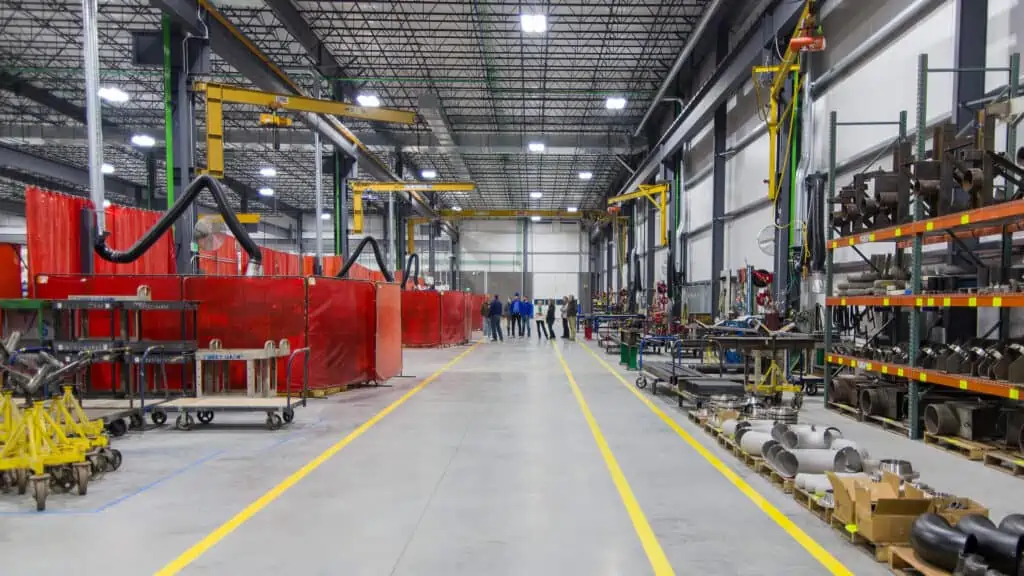 Industrial contractors giving tour inside manufacturing facility