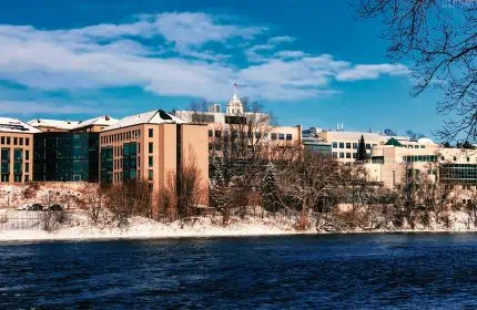 View of Lawrence University, Appleton, Wisconsin, in Winter from Fox River