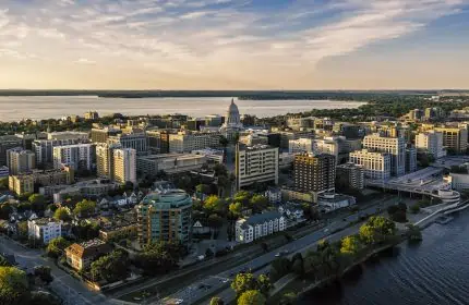 Aerial View of Madison, Wisconsin, Isthmus, Including Wisconsin State Capitol, Lakes Mendota and Monona