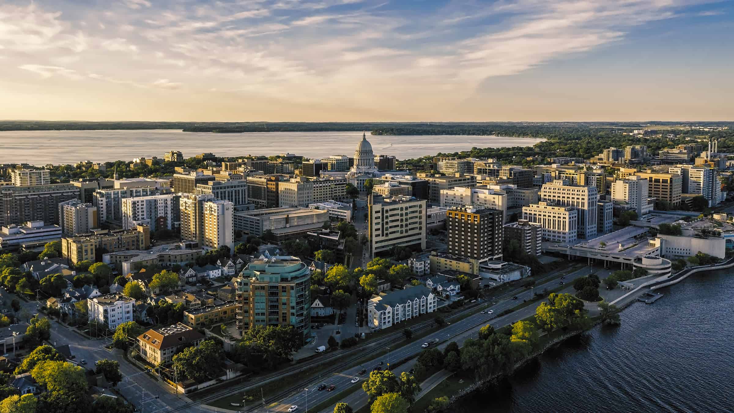 Aerial View of Madison, Wisconsin, Isthmus, Including Wisconsin State Capitol, Lakes Mendota and Monona