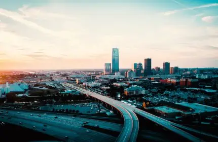 Aerial View of completed Oklahoma Construction projects - City Skyline at Dusk