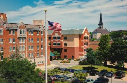 Aerial view of Waukesha buildings downtown