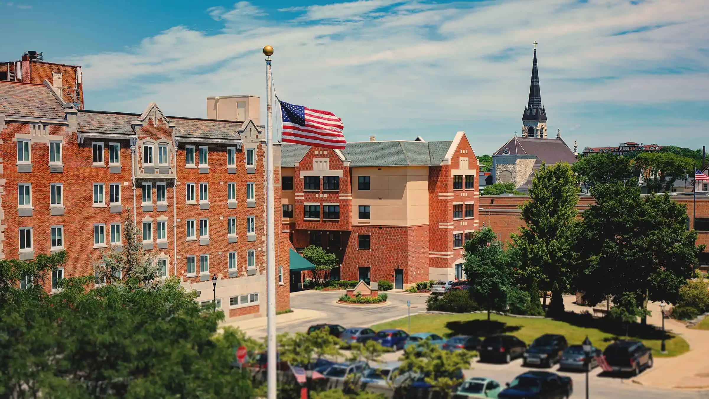 Aerial view of Waukesha buildings downtown