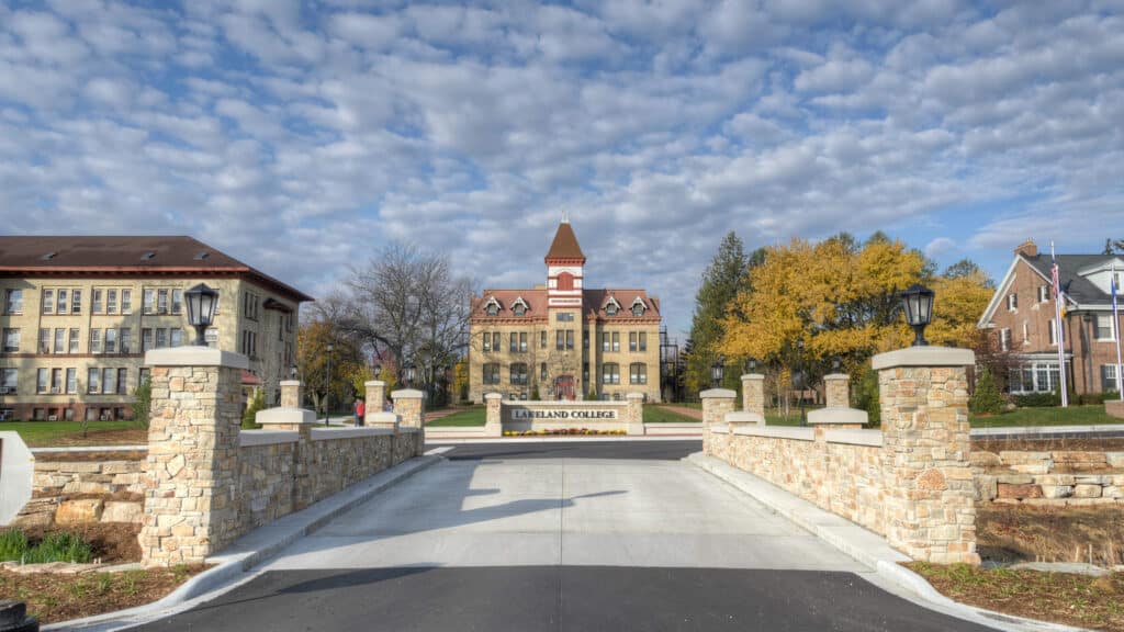 Lakeland College campus facing large brick building