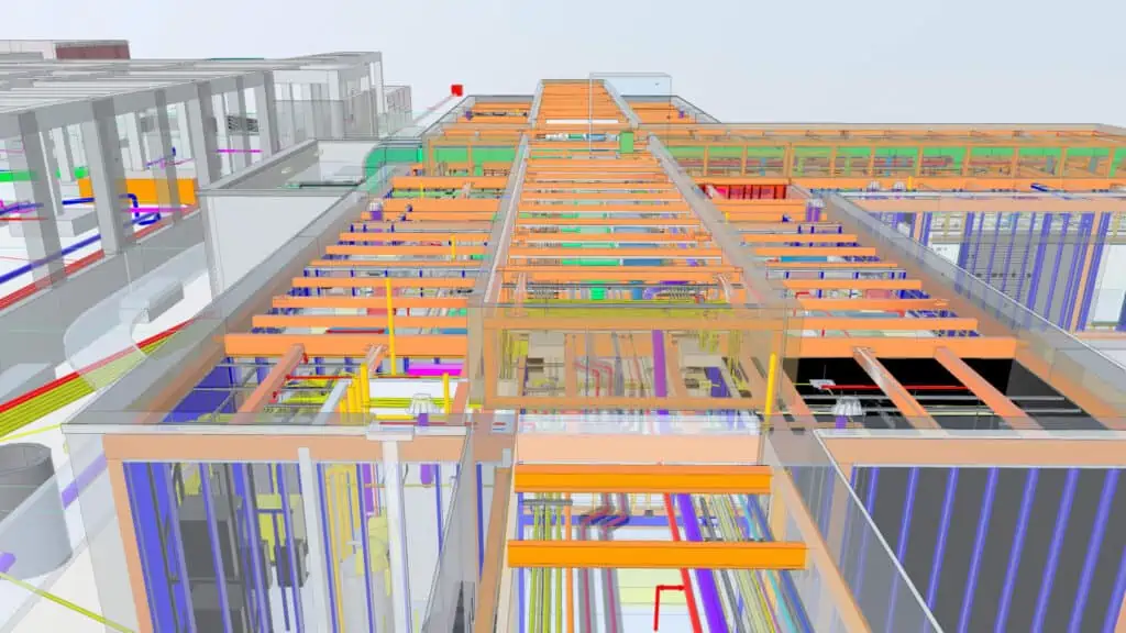 virtual design and construction: detailed color-coded rendering of building's infrastructure