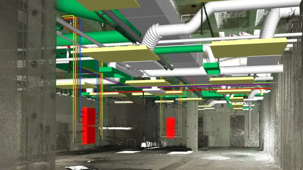 virtual design and construction: laser scan of pipe network in building