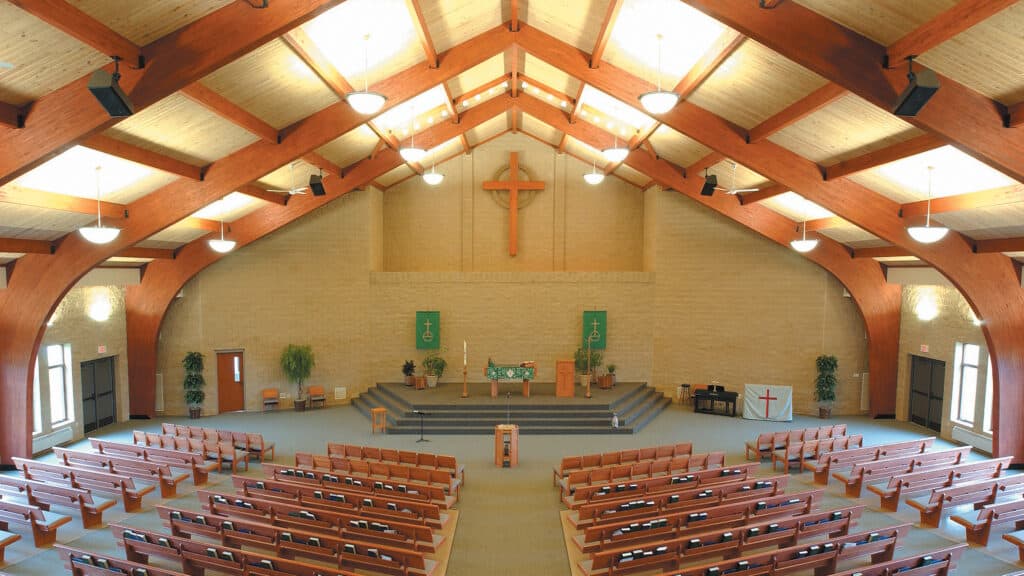 All Saints Lutheran Church Interior with Vaulted Ceiling, Seating and Altar