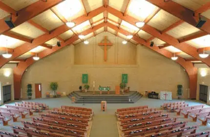 All Saints Lutheran Church Interior with Vaulted Ceiling, Seating and Altar