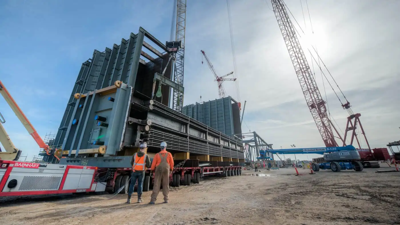 Alliant Energy - West Riverside Construction - Two Workers, Three Cranes