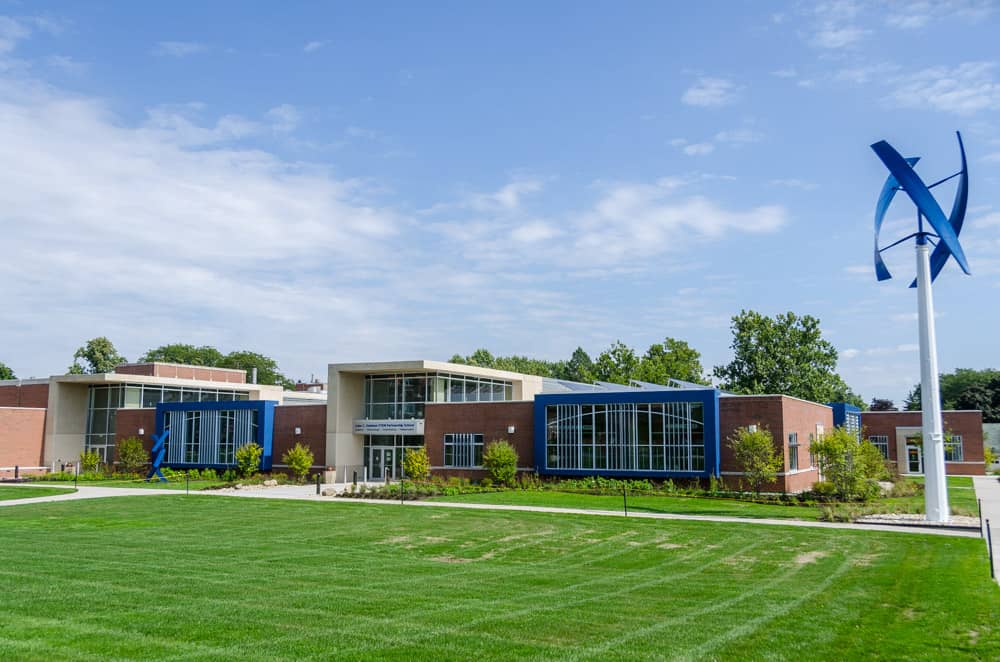 Aurora University - John C. Dunham STEM Partnership Exterior with Wind Turbine