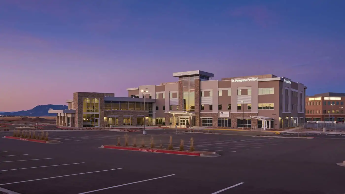 Centura Health - St. Peregrine Pavilion Cancer Center Exterior at Dusk