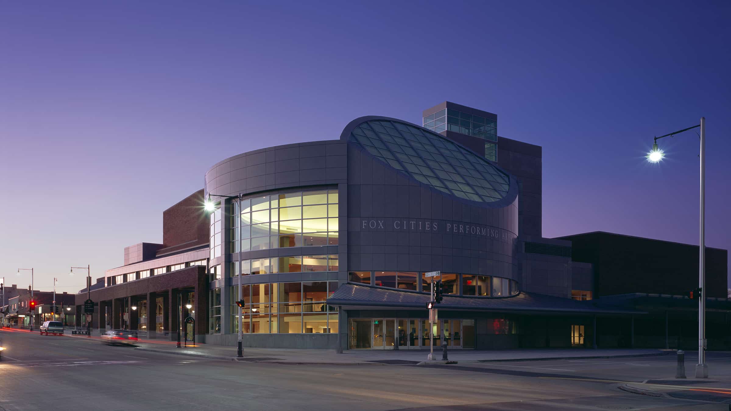 Fox Cities Performing Arts Center Exterior at Dusk