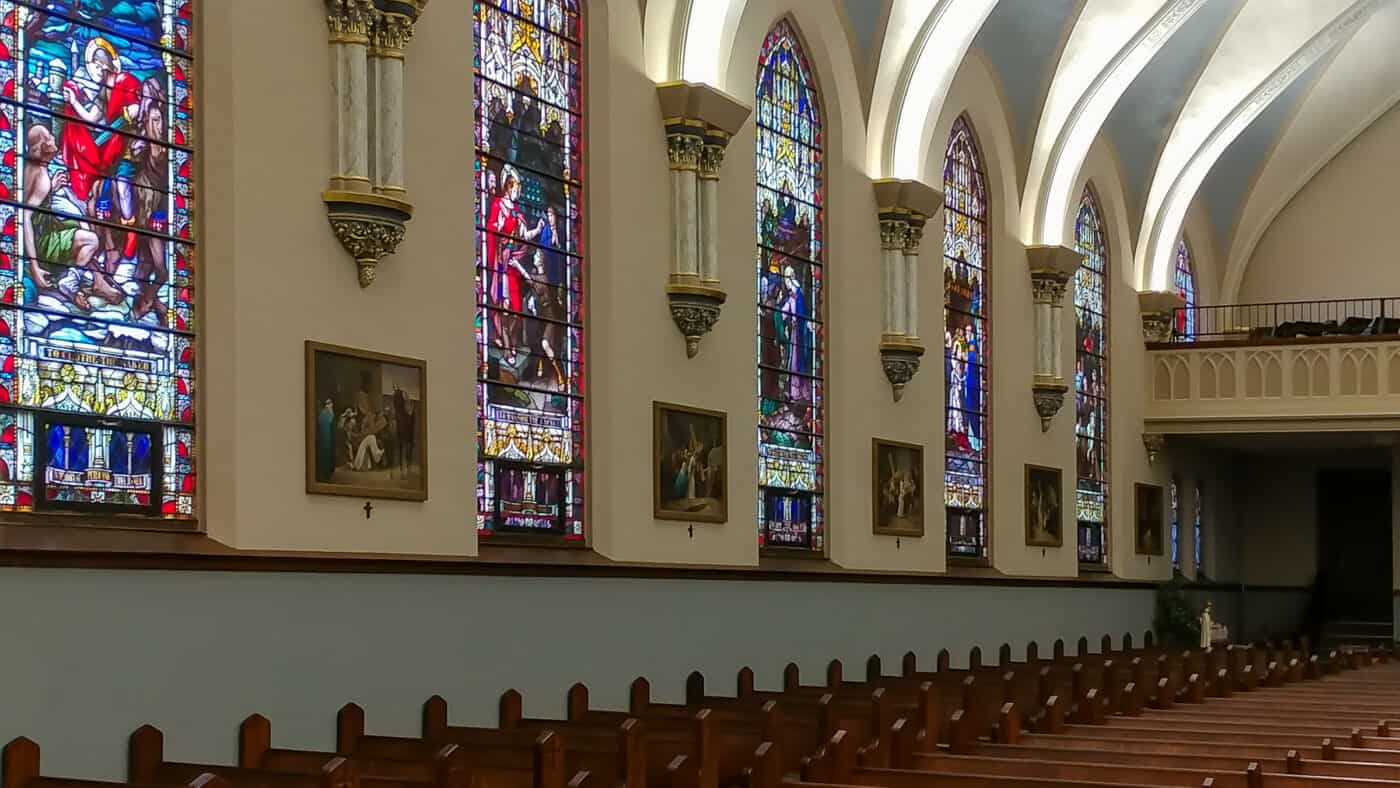 Good Shepherd Parish Catholic Church - Interior Pews and Stained Glass Windows