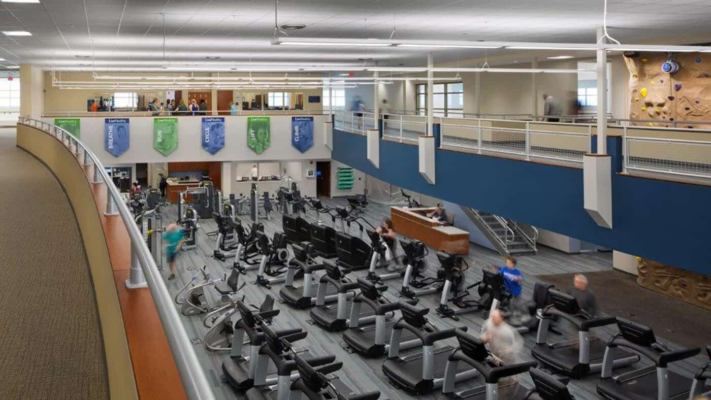 Lake Health - Women's Health Center View of Treadmills from Mezzanine