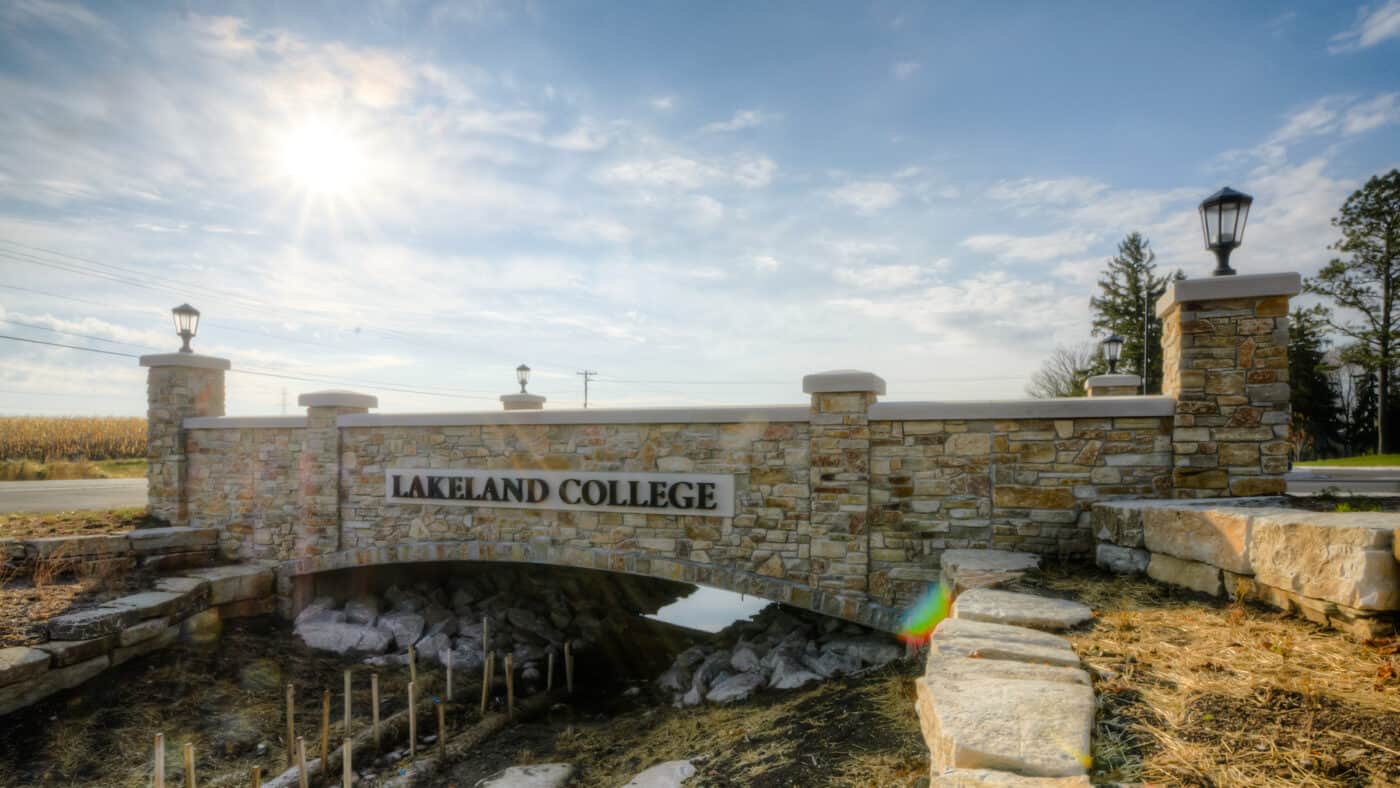 Lakeland University - Campus Entrance Redevelopment Construction of Stone Bridge with Signage - Alternate View