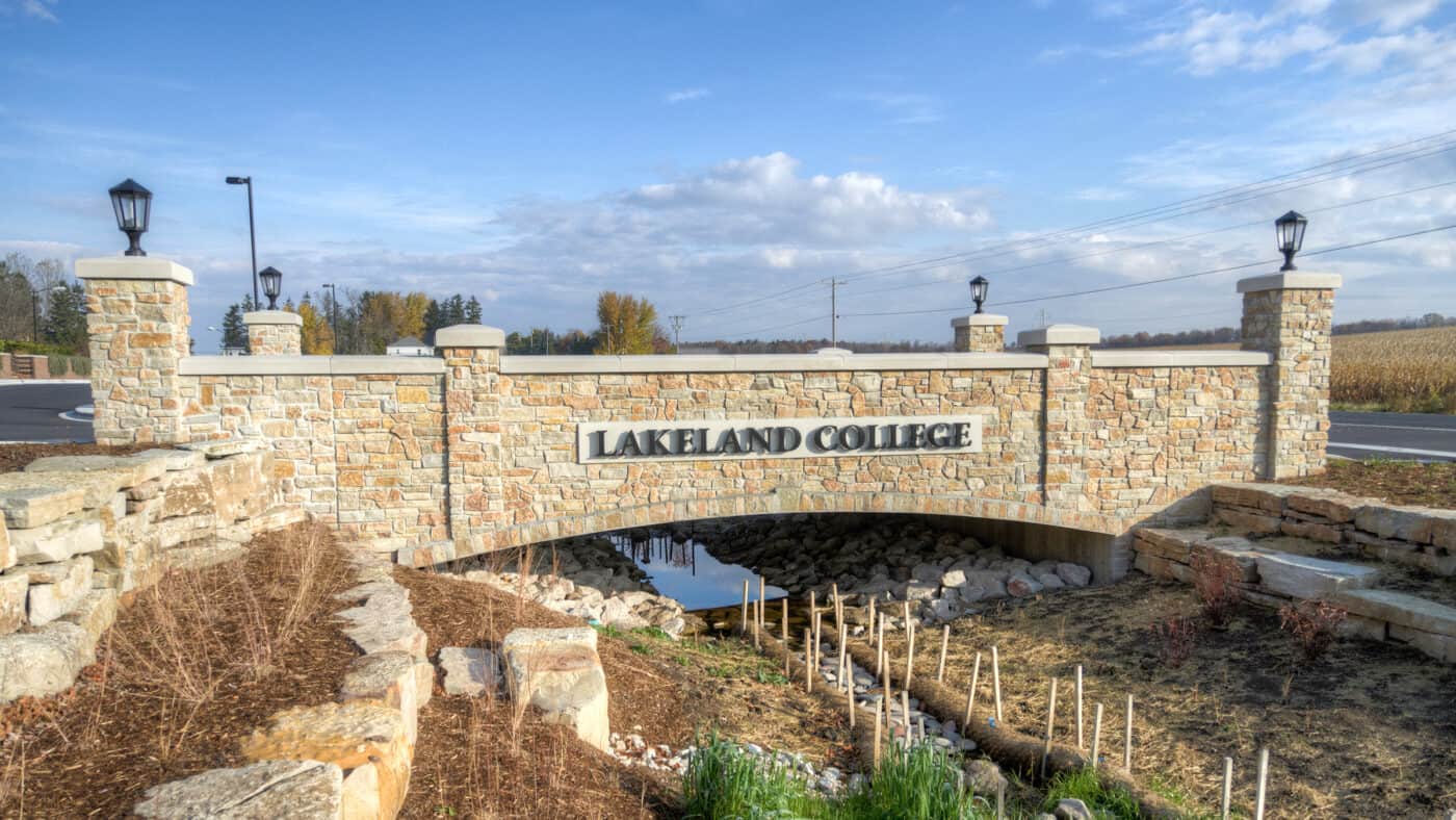 Lakeland University - Campus Entrance Redevelopment Construction of Stone Bridge with Signage