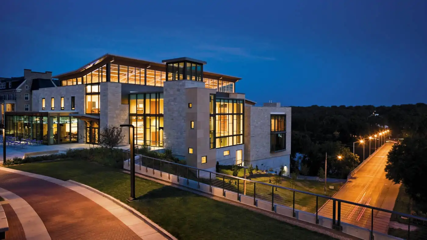 Lawrence University - Warch Campus Center - Building Exterior Lit at Night with View of Street Below