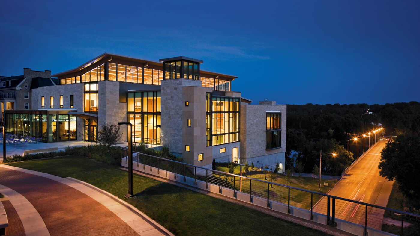 Lawrence University - Warch Campus Center - Building Exterior Lit at Night with View of Street Below