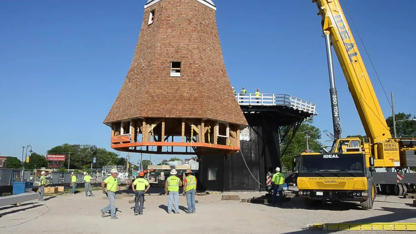 Little Chute Windmill and Van Asten Visitor Center Construction Crane Lifts Roof into Place