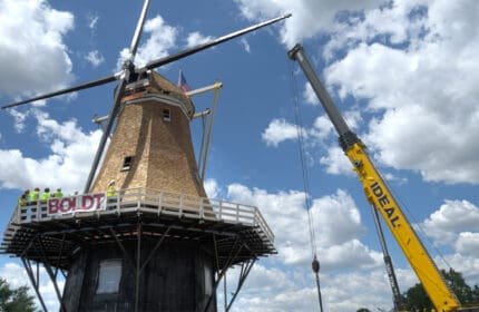 Little Chute Windmill and Van Asten Visitor Center with Roof and Windmill in Place and Crane in Background