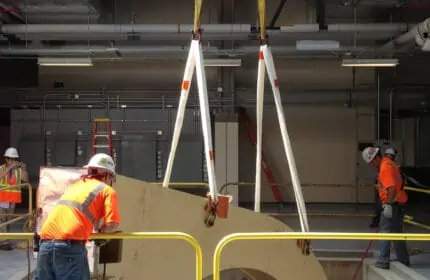 Mayo Clinic - Rochester Proton Beam Therapy Equipment Installation Lift by Crane as Construction Workers Monitor