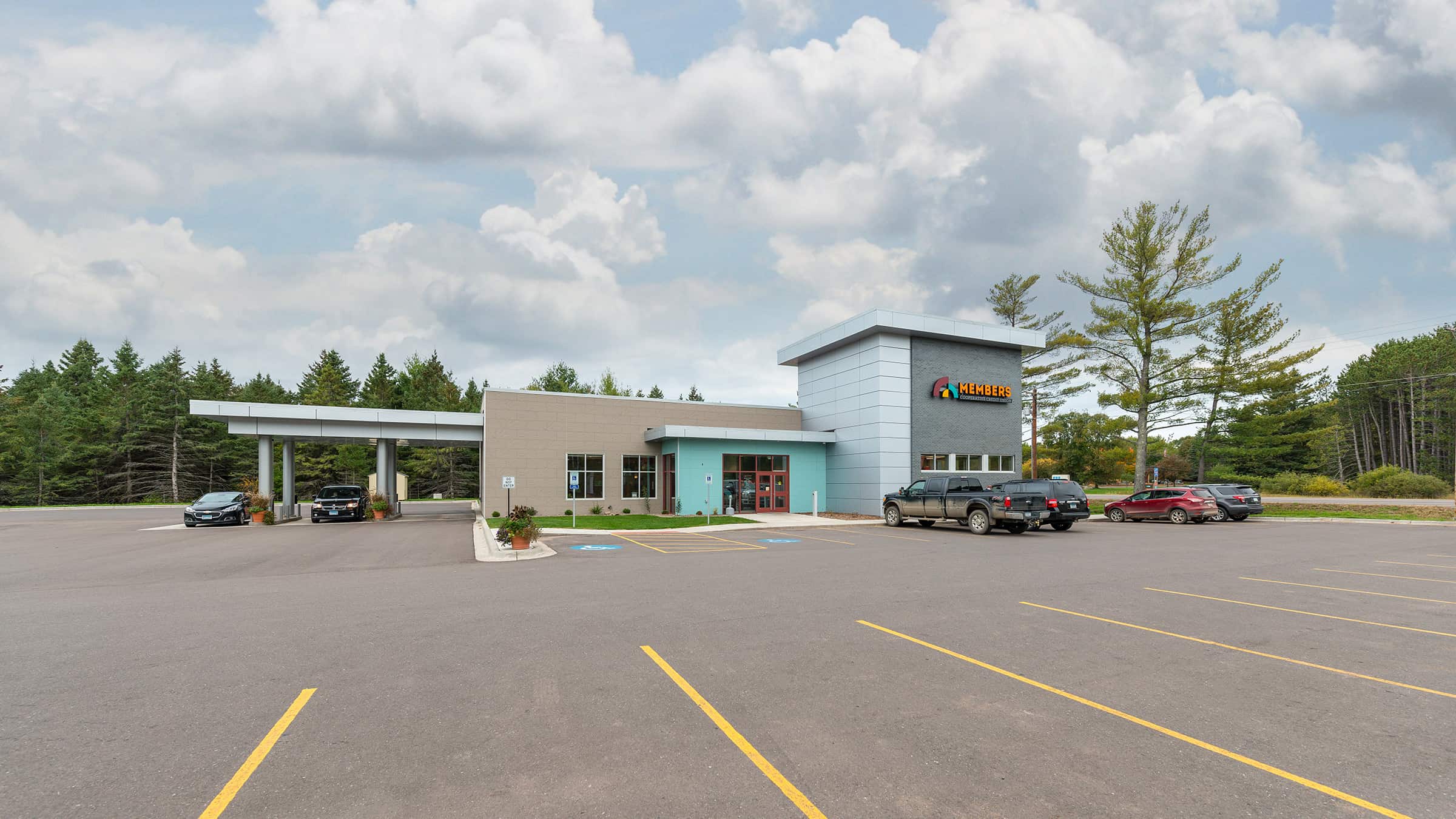 Members Cooperative Credit Union Branch Exterior with Drive-thru Lanes, Parking