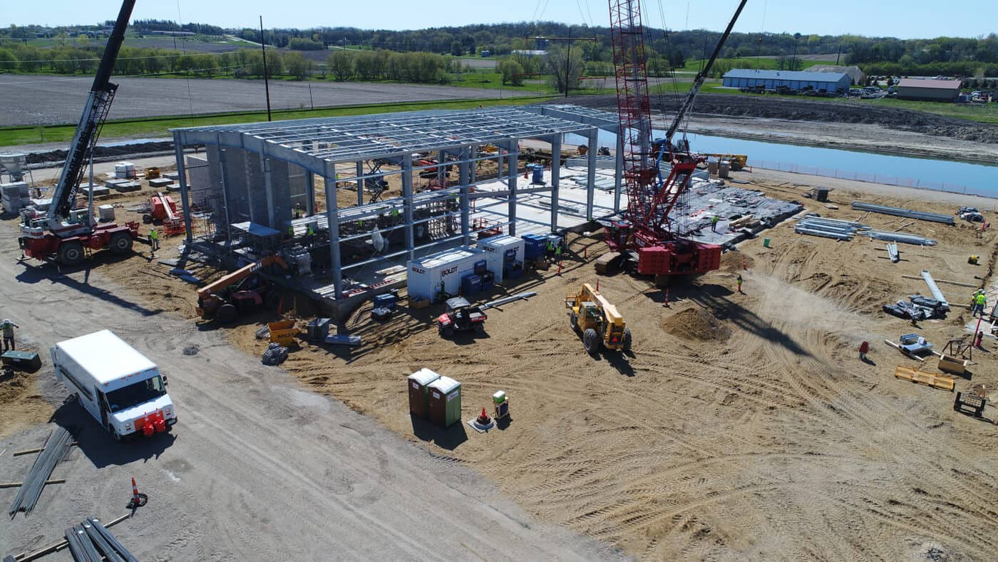 Rochester Public Utilities - Westside Energy Station Construction Site - Exterior Structural Steel Framework, with Cranes during Construction