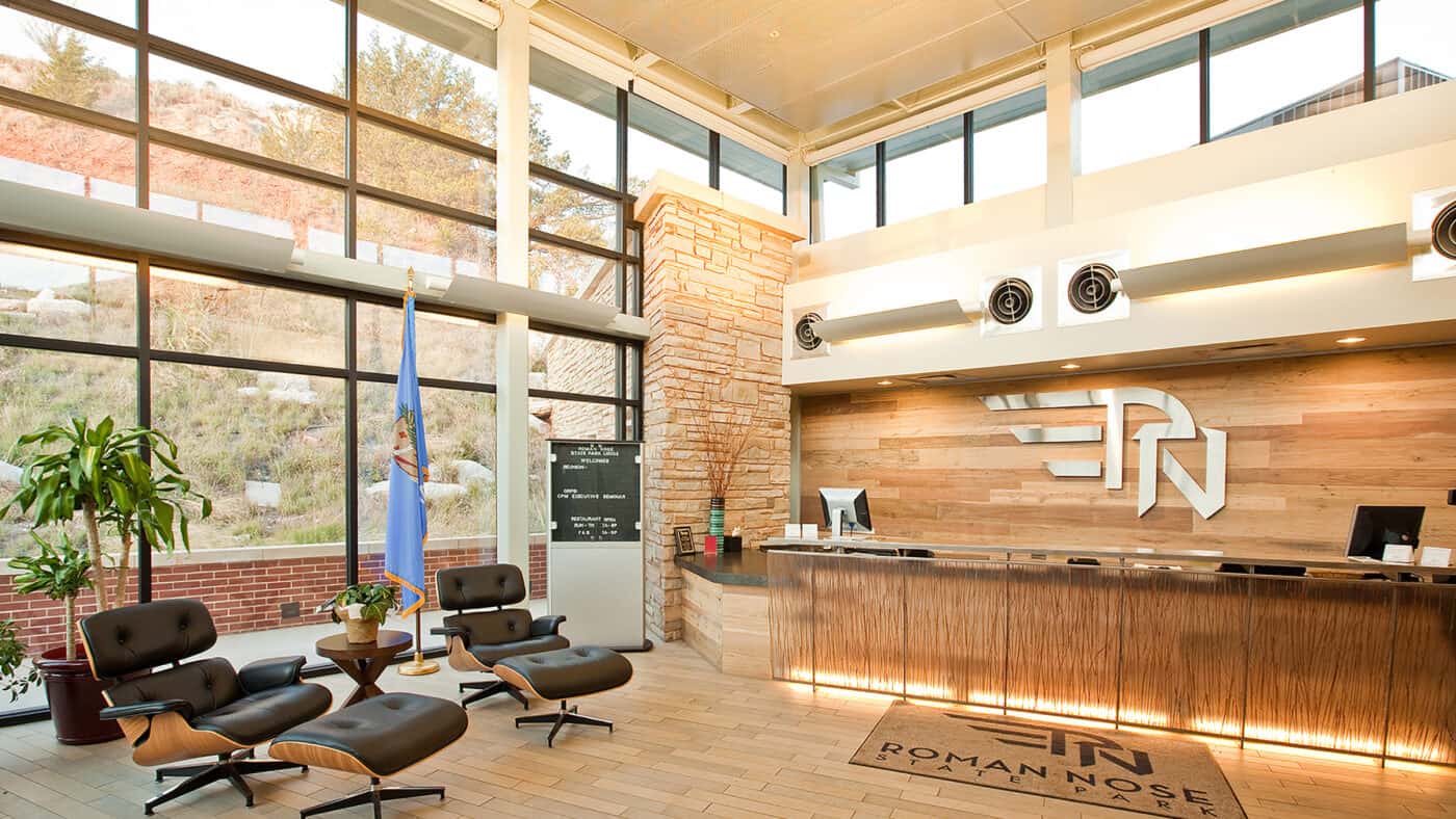 Roman Nose State Park Lodge Reception Desk and Seating Area