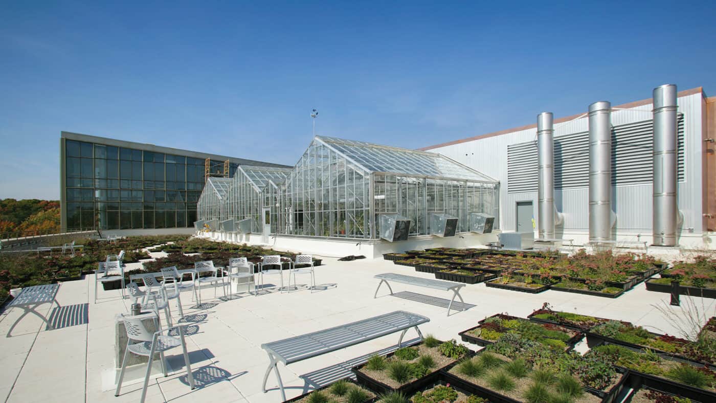St. Olaf College - Regents Hall - Outdoor Patio Seating with Rooftop Gardens and Views of Greenhouses