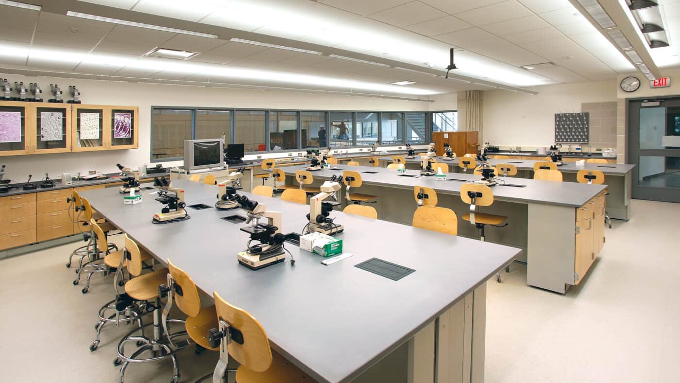 St. Olaf College - Regents Hall - Laboratory Interior with Microscopes on Lab Tables