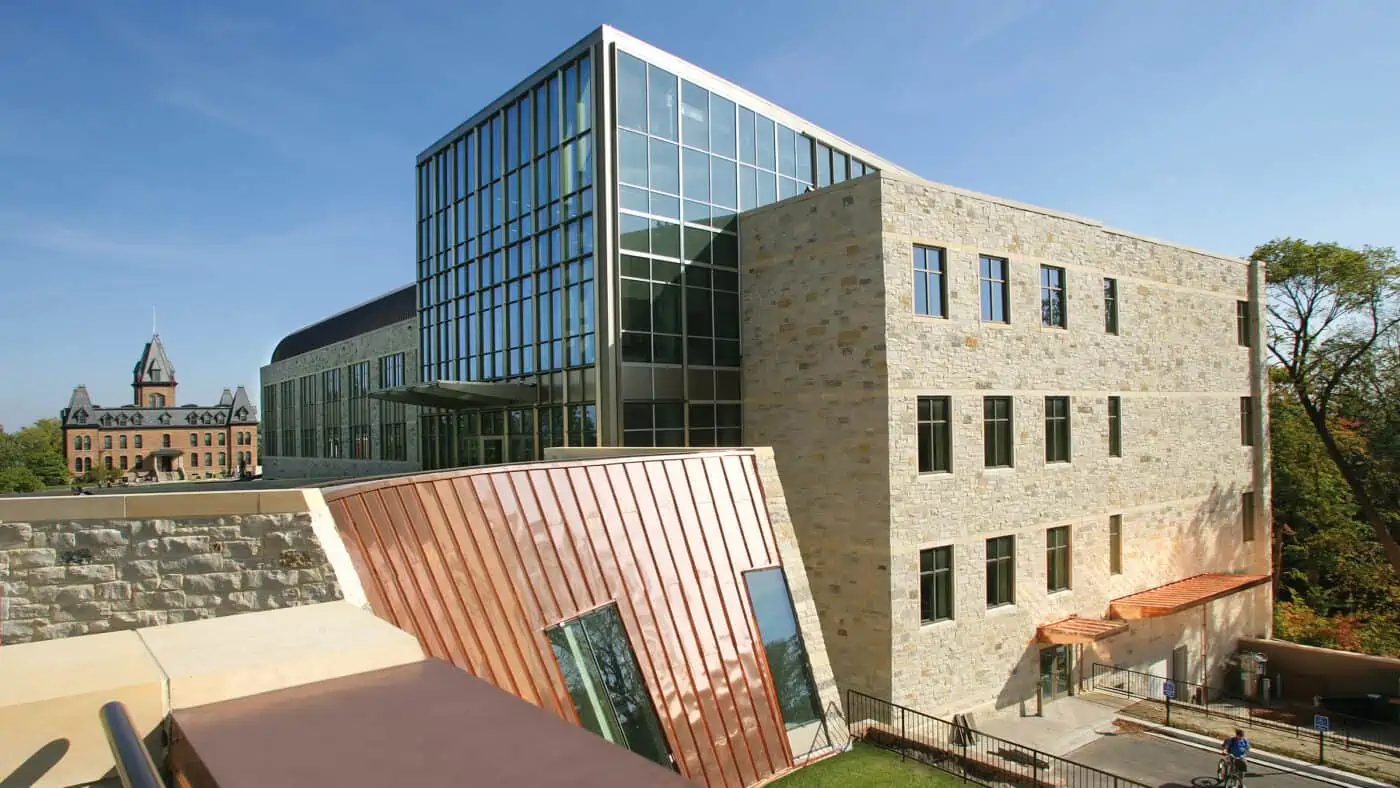 St. Olaf College - Regents Hall - Building Exterior with Copper Face and Campus in Background