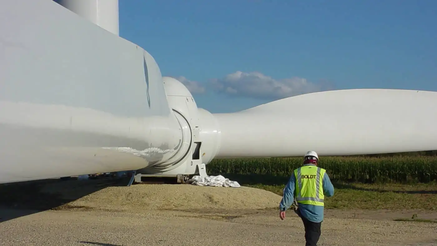 St. Olaf College - Wind Turbine on Ground before Erection with Boldt Worker in Foreground