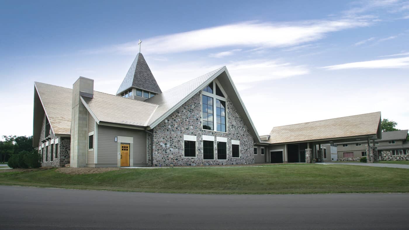 St. Paul's Catholic Church Exterior View of Building with Covered Entrance and Drive