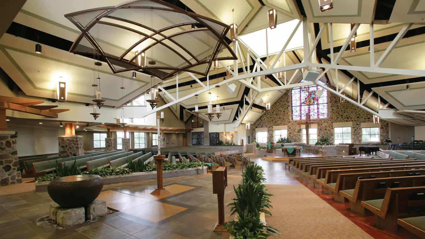 St. Paul's Catholic Church - Interior View of church Ceiling and Seating and Baptismal Font