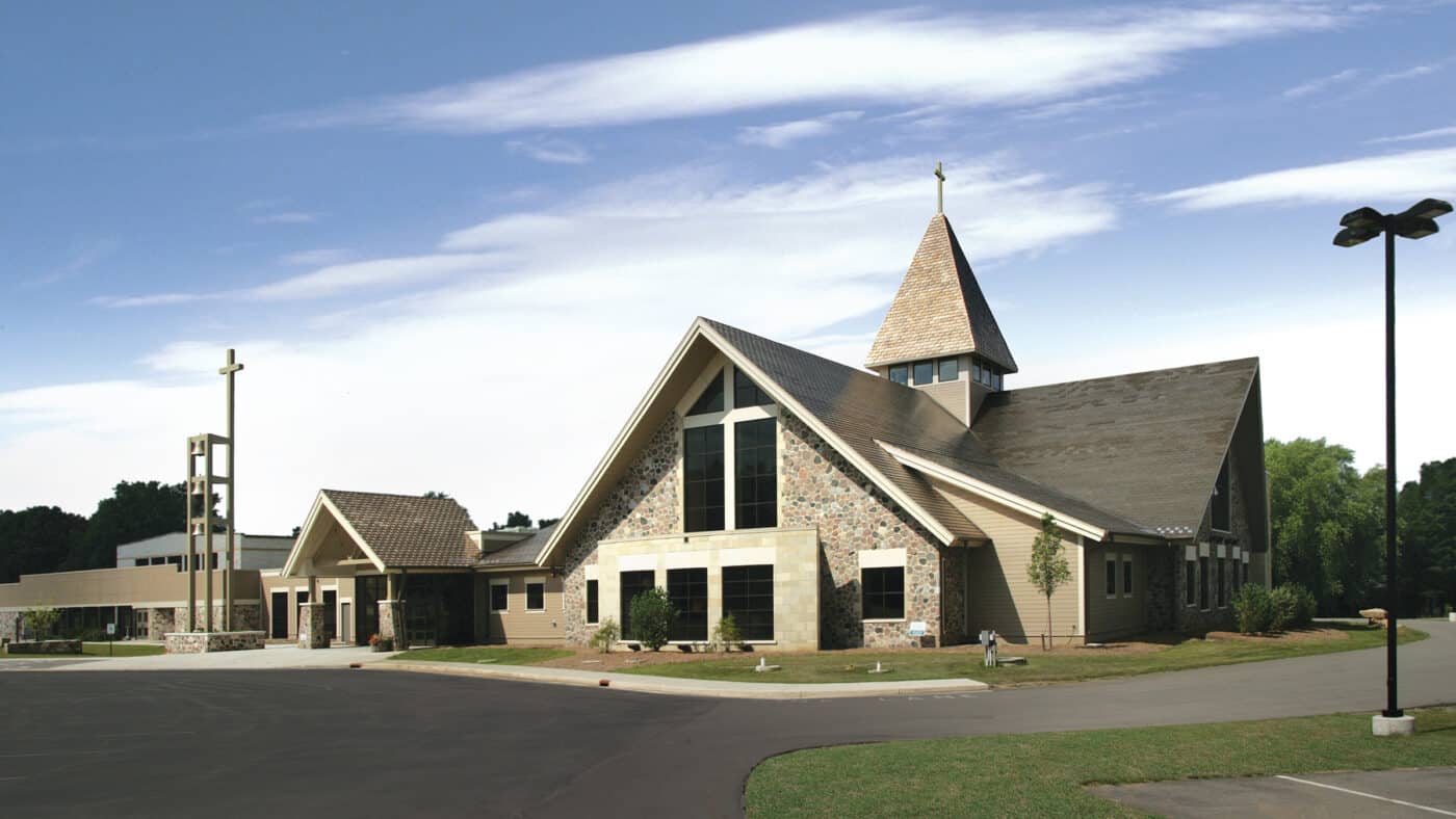 St. Paul's Catholic Church Exterior with Parking and Entrance