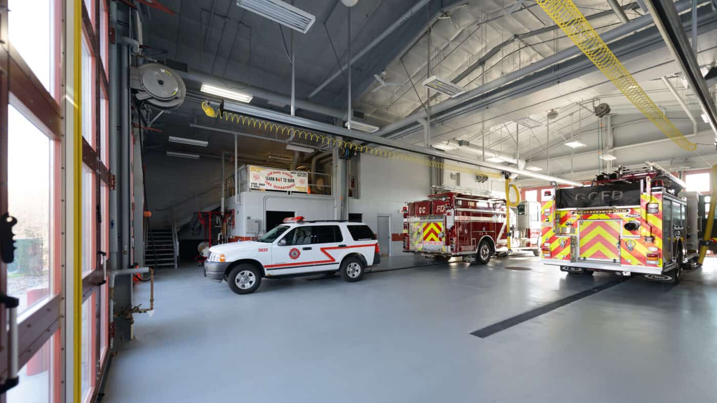 Town of Grand Chute - Fire Station #2, Fire Truck Bays Interior with Trucks Parked Inside