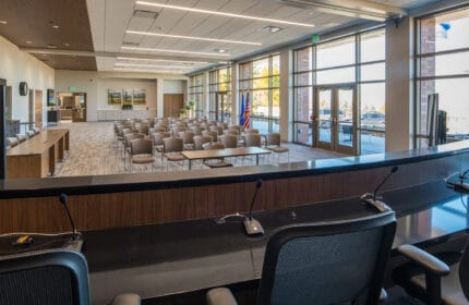 Town of Ledgeview Municipal Building - Interior View of Meeting Chambers with Seating and Outside View