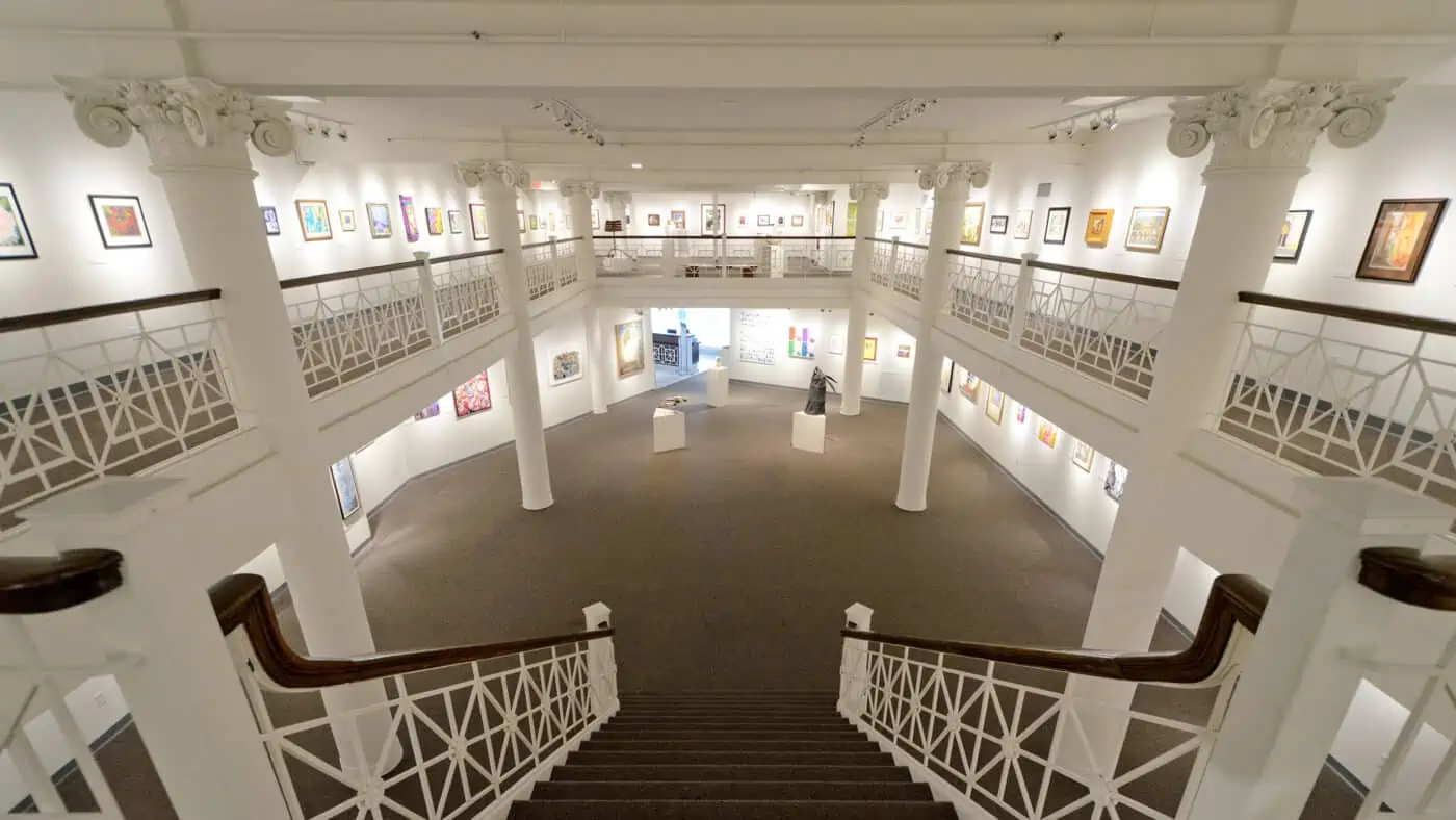 Trout Museum of Art - Building Interior - View of Art Exhibit from Stairwell Top at Mezzanine of Lower Level