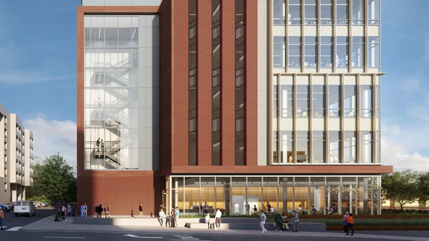 University of California - San Francisco Research and Academic Building - Exterior View of Building from Side, Including People on Sidewalk