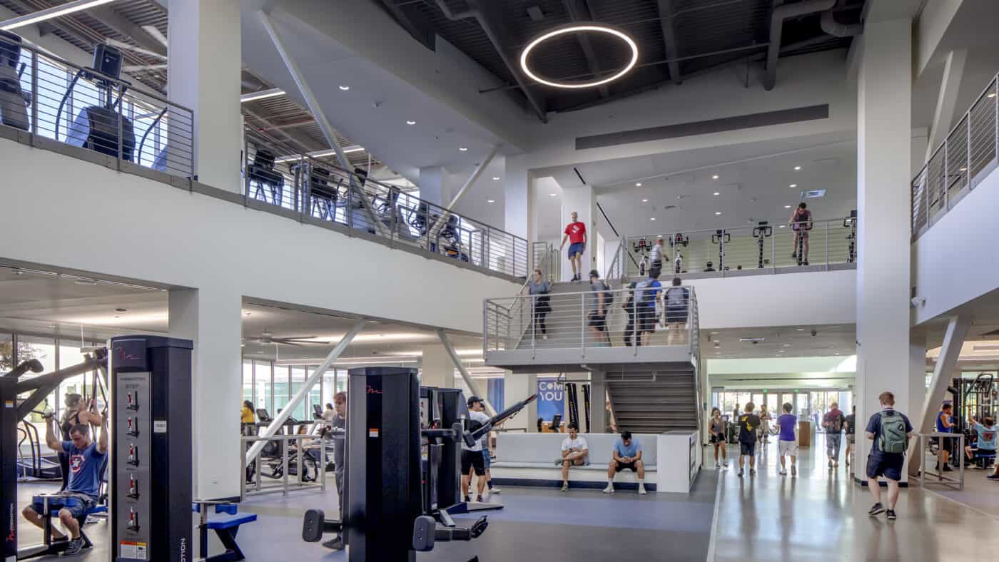 University of California - Davis - Activities and Recreation Center Interior View of First Floor with View of Stairwell and Mezzanine Fitness Center