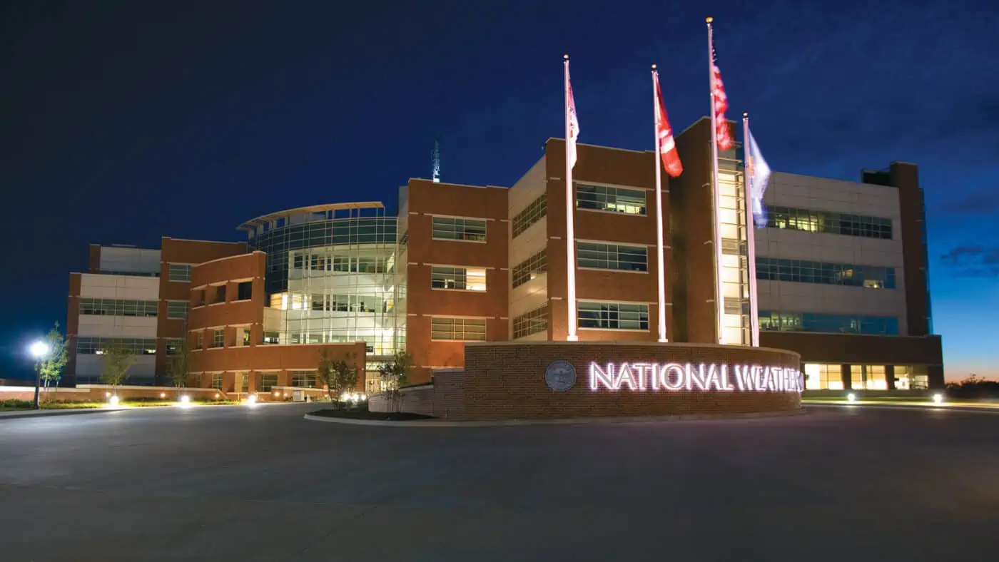 University of Oklahoma - National Weather Center - Research and Training Facility - Building Exterior Lit at Dusk