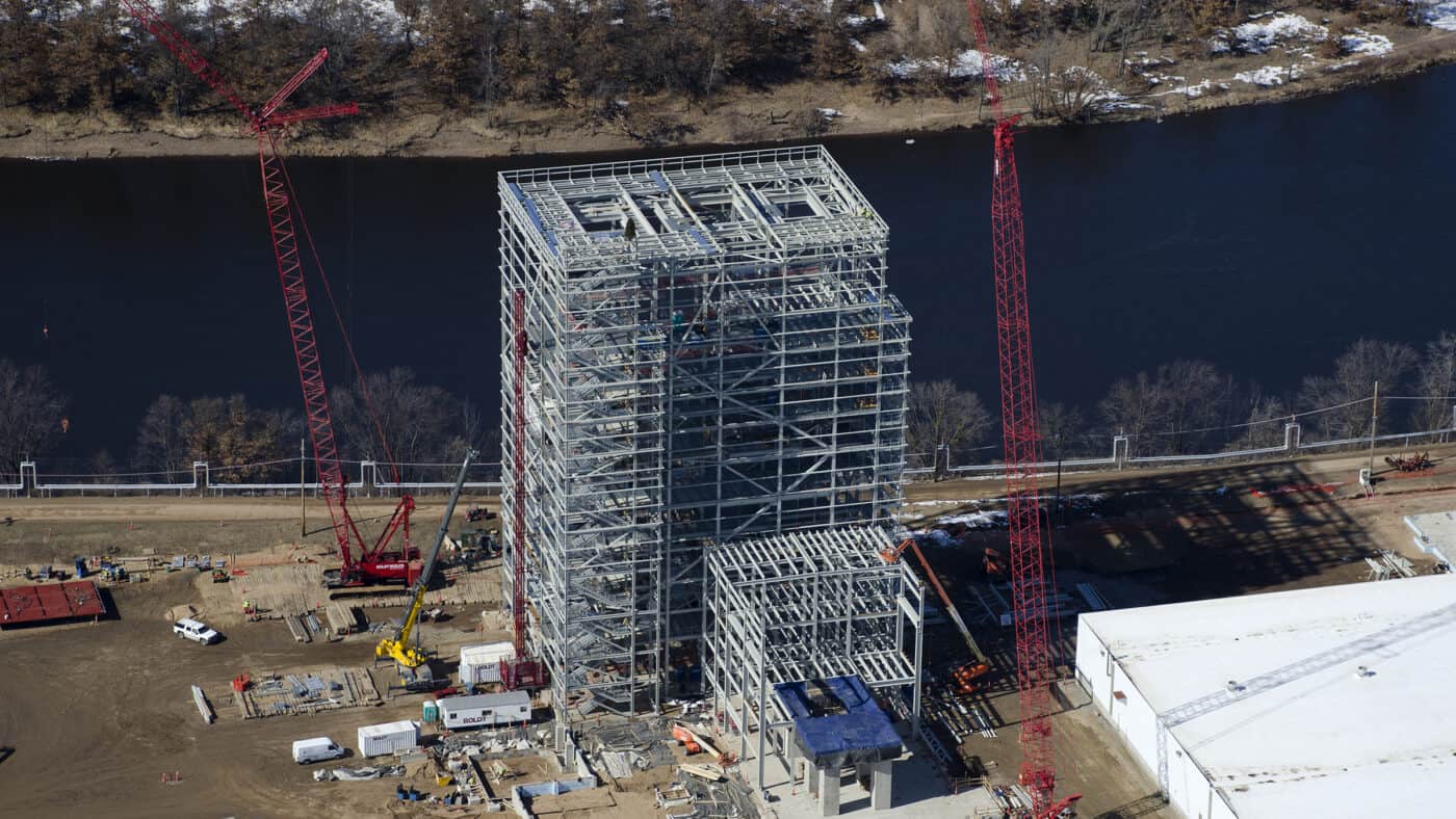 WE Energies - Biomass Fuel Cogeneration Facility - Aerial View with Cranes during Construction