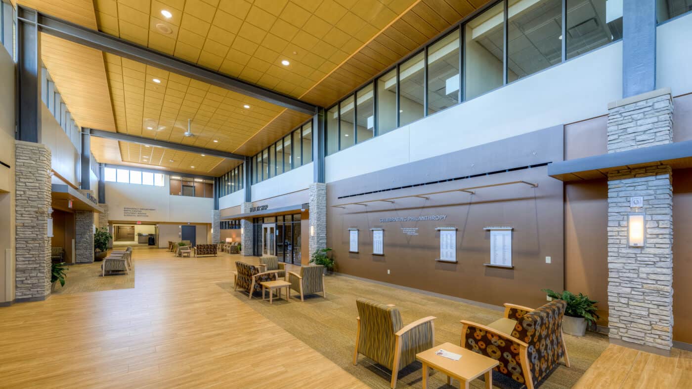 Western Wisconsin Health Hospital - Seating Area in Atrium with View of Enclosed Mezzanine