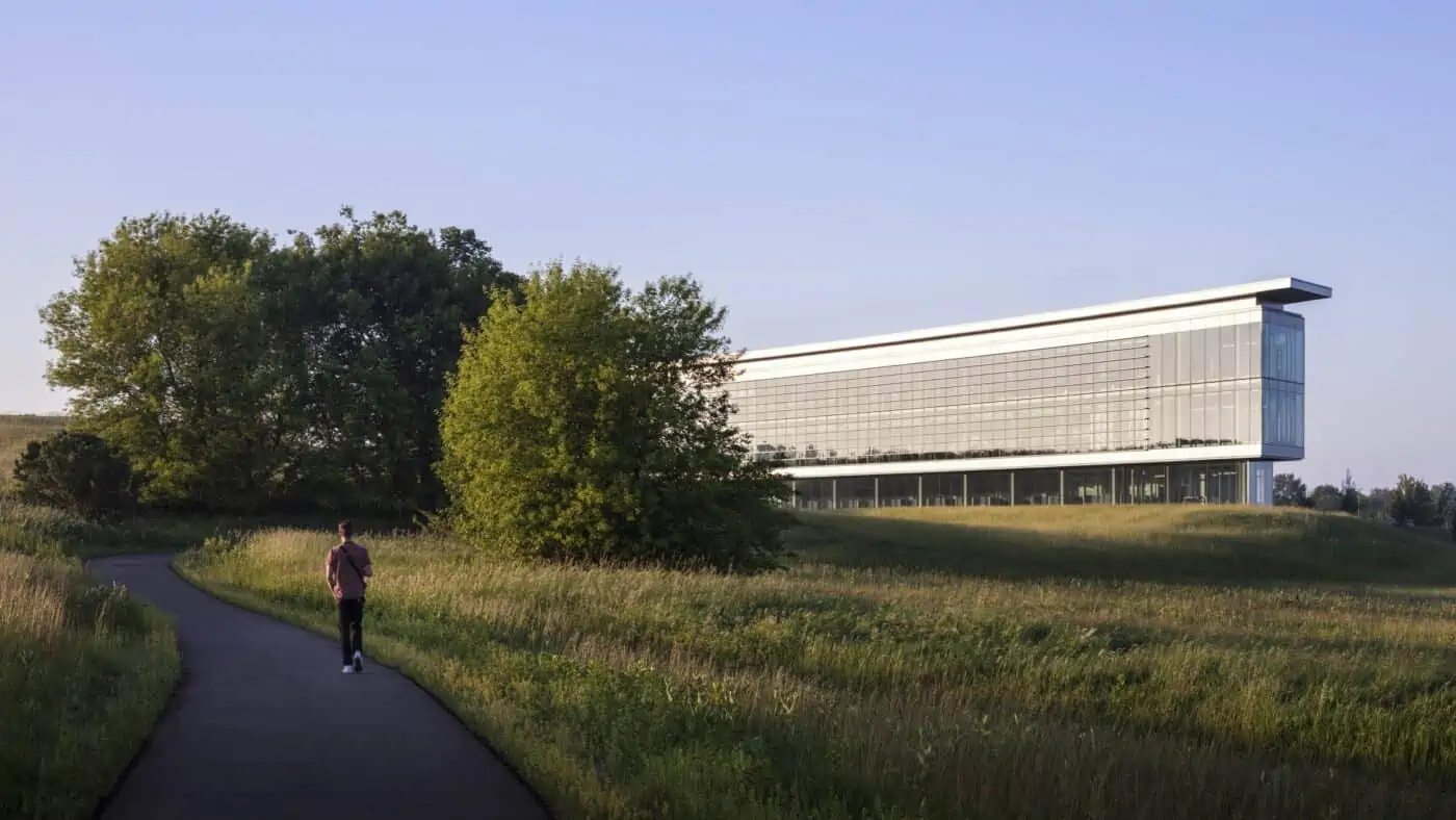 Ascendium corporate office, a lean construction hero - exterior view of building entrance and glass wall